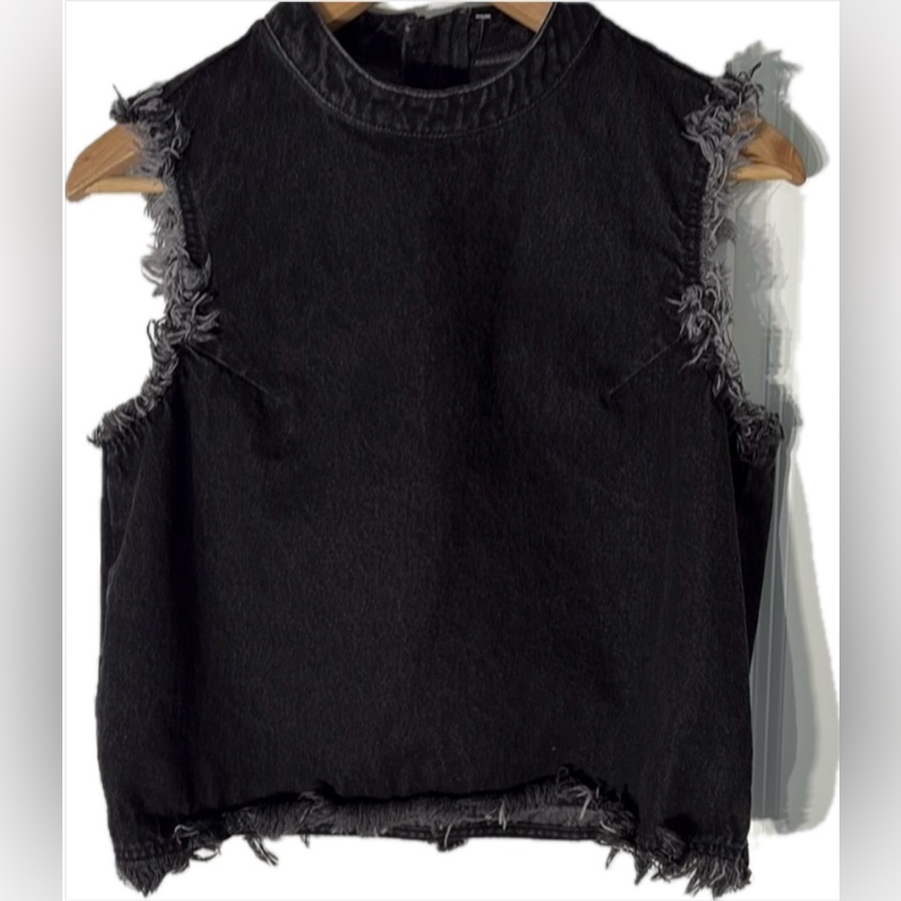 Gap 1969 Black Denim Sleeveless Boxy Tank Top with Mandarin Collar